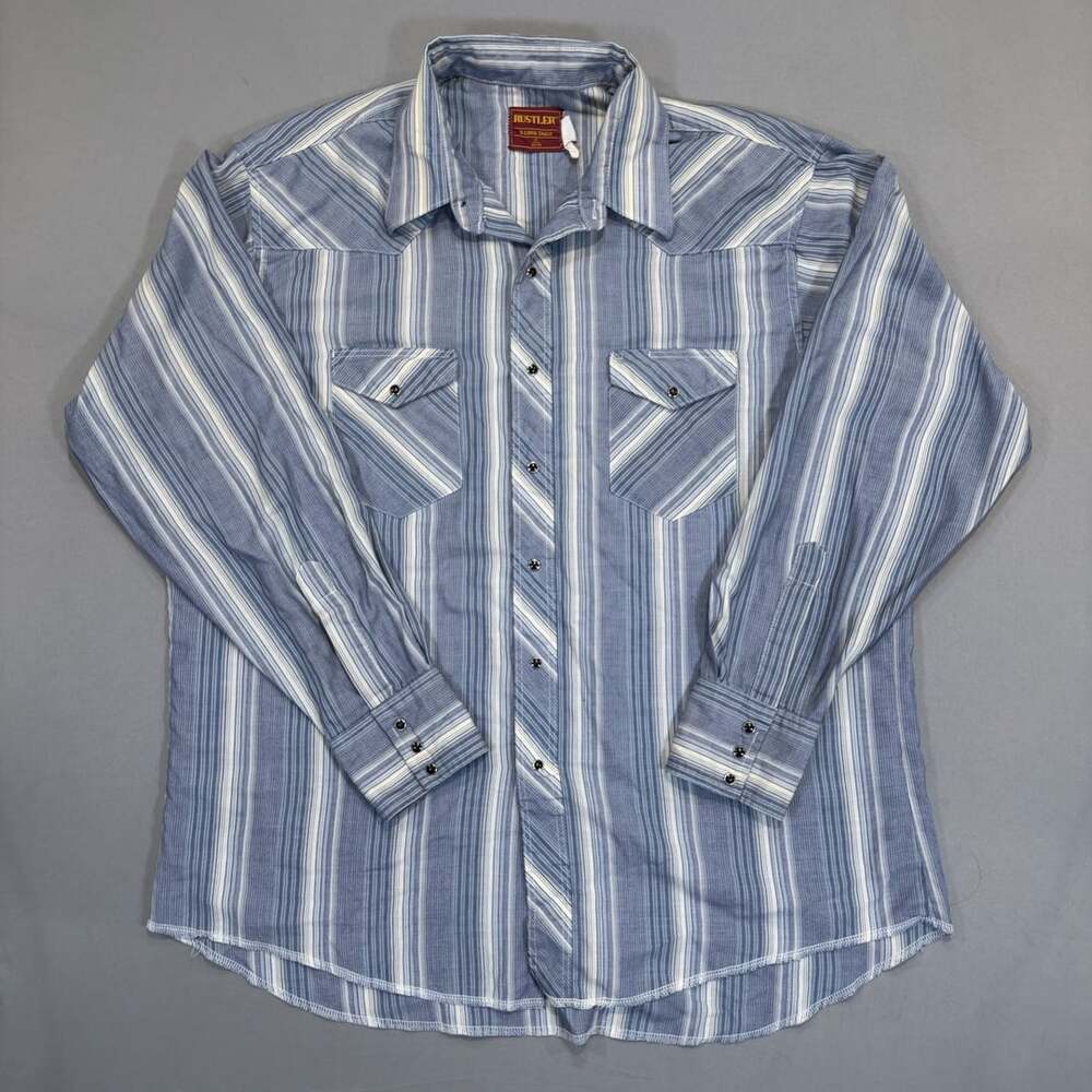 Rustler Western Shirt Size 34/35 Blue Striped Pearl
